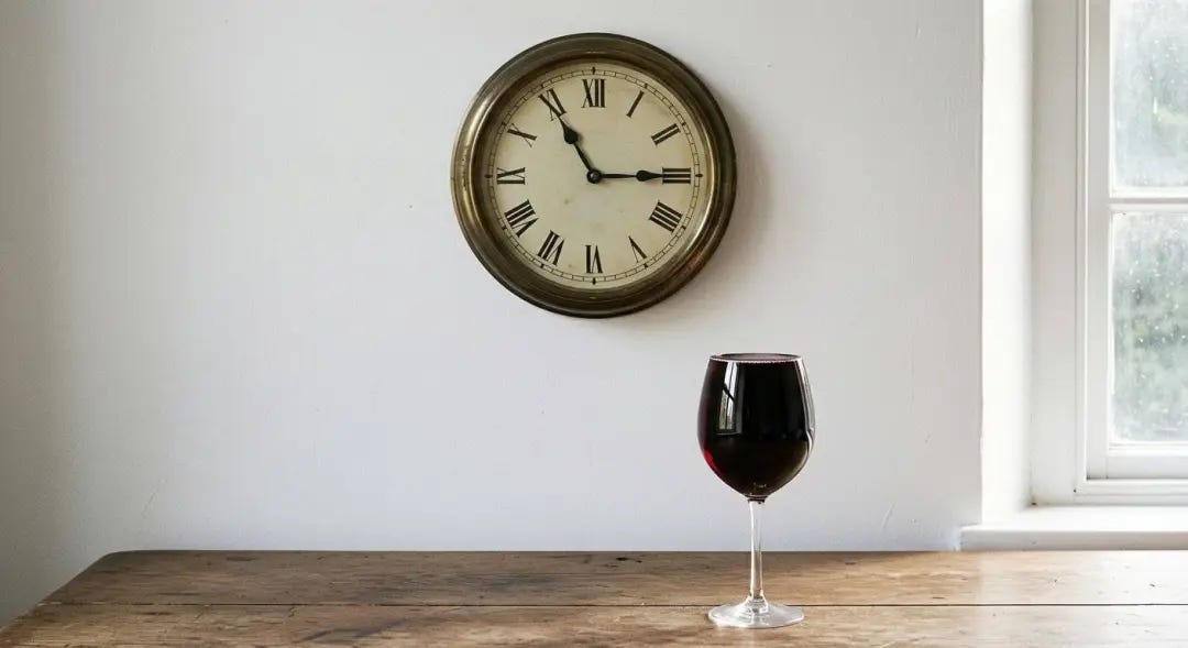 Clock 11:15 + Wine Glass Filled to Rim