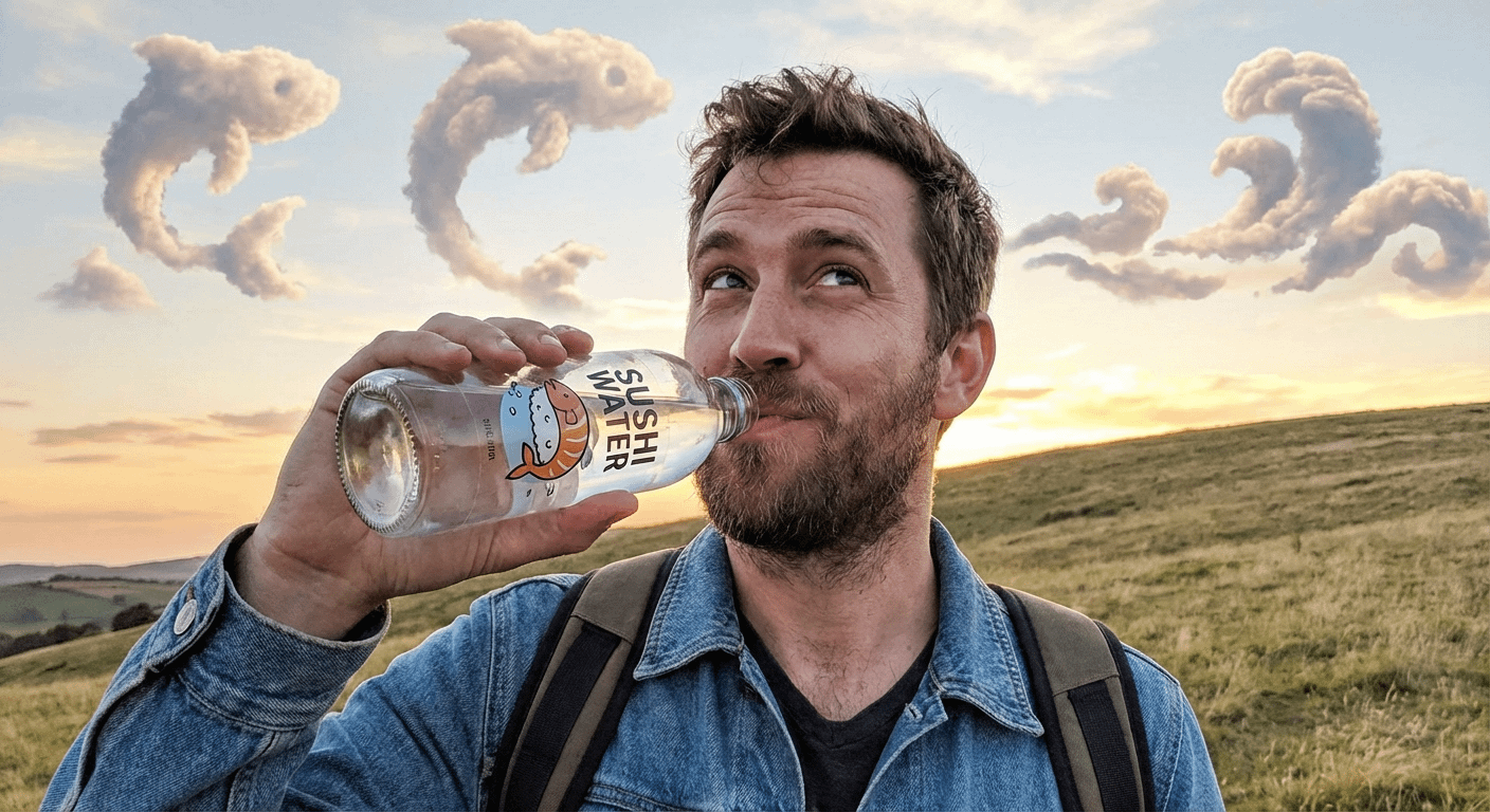 Man Drinking Sushi Water Under Surreal Skies
