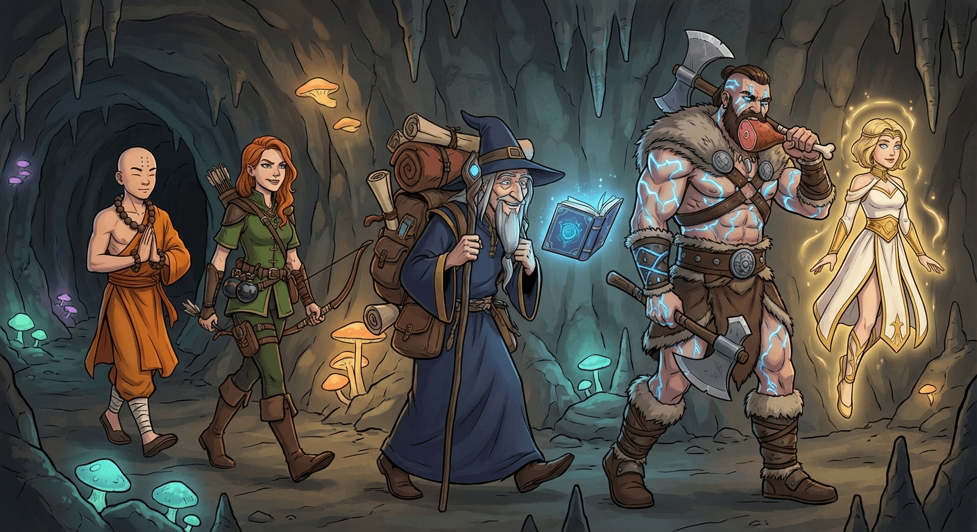 Five Adventurers in a Luminous Cave